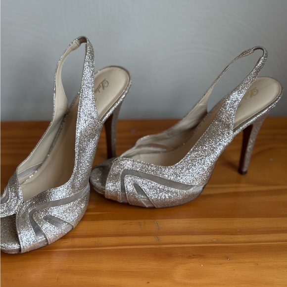 Lulu Townsend Shoes - Lulu Townsend Silver Glitter Heels with Peep-Toe Design